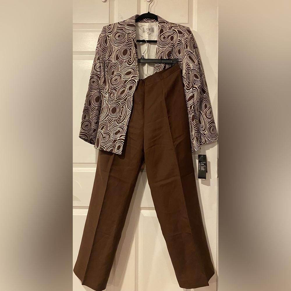 Le Suit Petite Women's Linen Blend Brown Pantsuit Size 10P